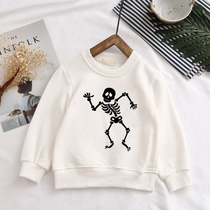 Autumn Boys Halloween Long Sleeve Sweater Cotton Pumpkin Scary Human Skull Printed Little Ghost Pattern Black Top White Girl