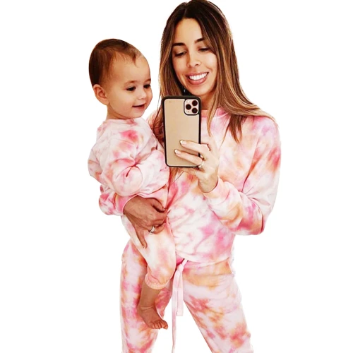 2021 New Women Kids Die-dye Printed Hoodies Sweatshirt Sets Mommy and Me Clothies Family Pajamas Set Long Sleeve Warm Suits