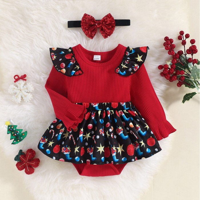 Prowow My First Christmas Baby Girl Clothes Xmas Print Rompers V-Neck Lace Christmas Bodysuit For Newborns New Year Costume Baby