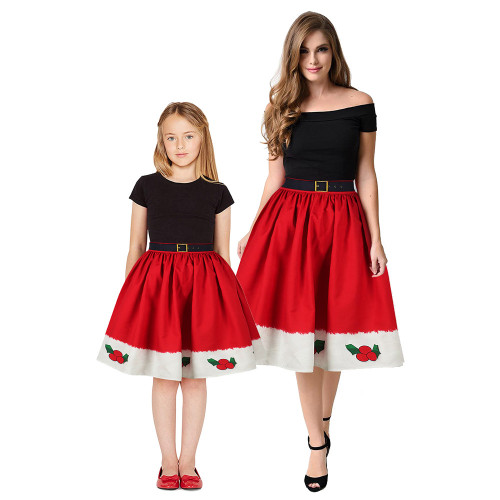 Christmas Tree Digital Printed Girls Dress Women's Adult Pleated Dress Parent-child Wear