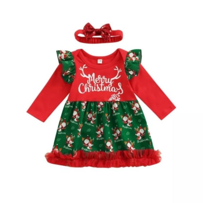 New 2021 Christmas Toddler Baby Girls Dress Long Sleeve Denim Patchwork Santa Cartoon Printed Tutu Dress Ruffle Party Dress 1-4Y
