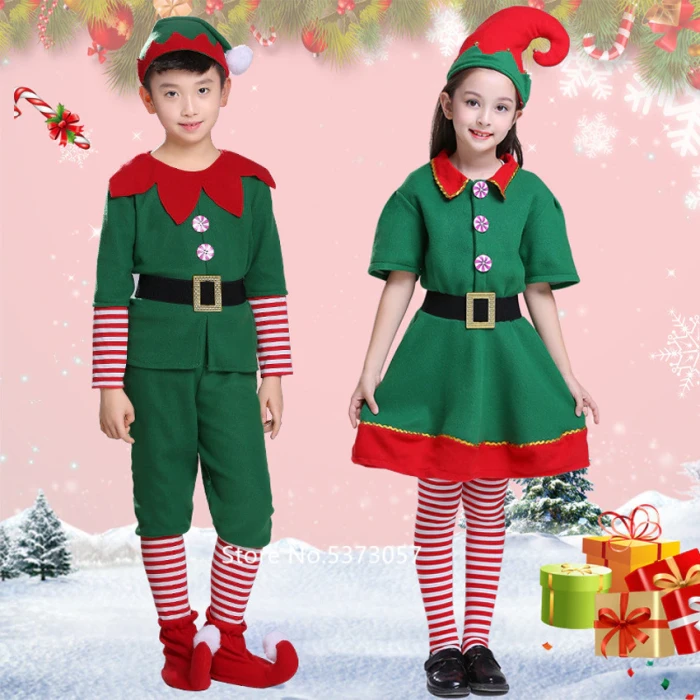 Christmas Cosplay Halloween Costumes for Kids Boy Girls Elf Grinch Dress New Year Xmas Carnival Party Santa Claus with Hat Gift