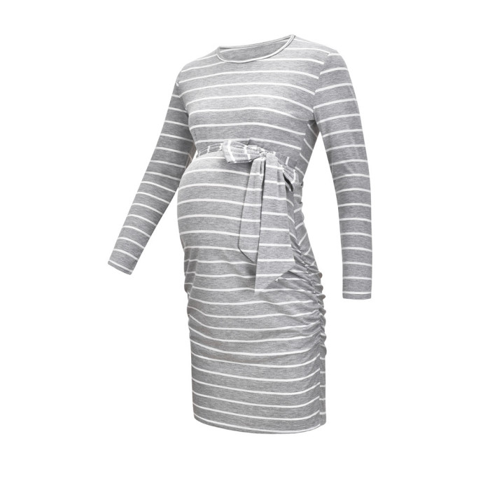 Striped Summer Maternity Dress Autumn Pregnant Women's Adjustable Sleeve Dress