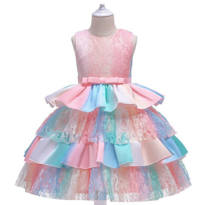 Girls Summer Lace Cake Puffy Princess Dress Show Catwalk Dress Color Matching Embroidery Elegant Style 4-8 Years Old