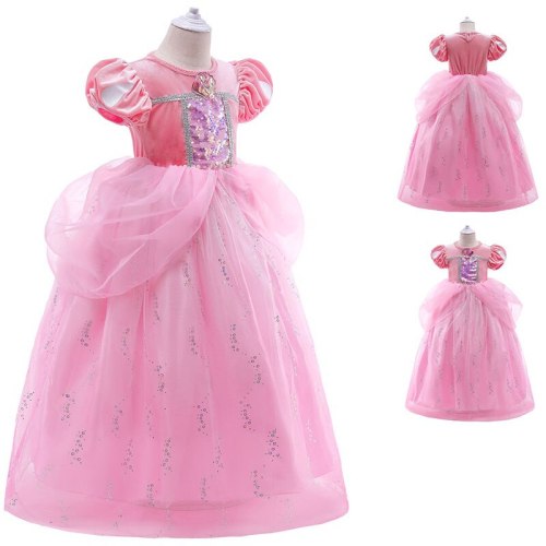 Halloween 2021 New Pink Puff Sleeve Sequined Mesh Little Girls Cosplay Long Dresses For Girls Princess Dresses Performance Dress
