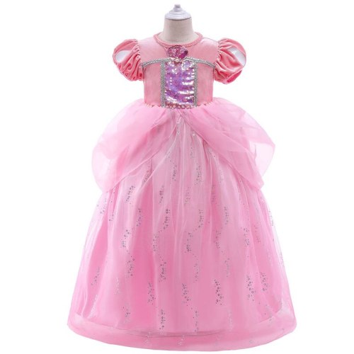 Halloween 2021 New Pink Puff Sleeve Sequined Mesh Little Girls Cosplay Long Dresses For Girls Princess Dresses Performance Dress