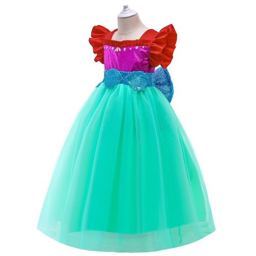 2-7Y Infant Kids Girls Summer Princess Dress Splicing Sequined Ruffled-Sleeve Bowknot Long Dress