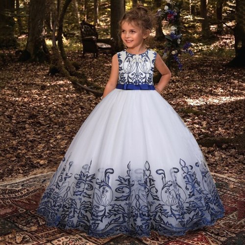2021 Flower Girl's Birthday Banquet Long Sleeve Lace Stitching Dress Elegant Girl's Wedding Long White Butterfly Lace Loop Dress