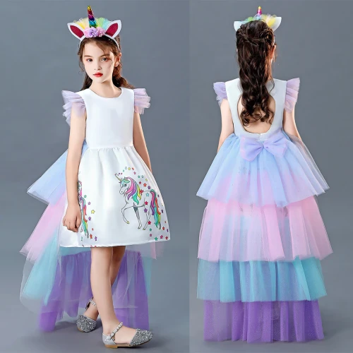 Girls Dress with Long Tail + Wings Wig Hairband Baby Girl Princess Birthday Party Ball Gown Kids Horse Clothes