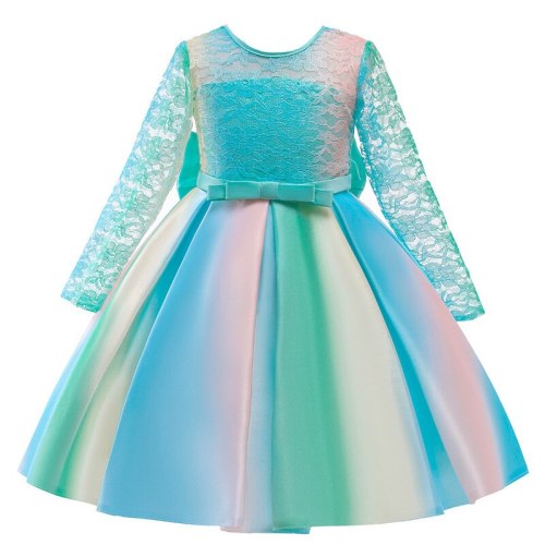 2021 New girls' lace long sleeve contrast color gradient pompous dress children's bow Princess Dress performance dress