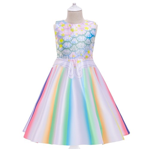 2021 Summer Little Mermaid White Dress For Girl Children Clothing Vestido Cartoon Print Party Princess Dresses Girl Baby Clothes