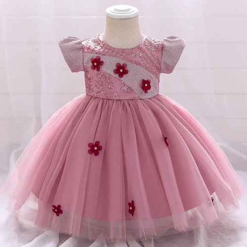 Summer Short Sleeve Baptism Dress 1 Year Birthday Dress For Baby Girl Lace Clothing Flower Party Princess Dress Child Clothes