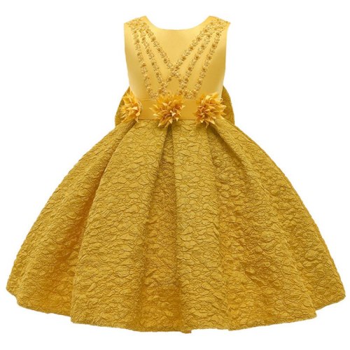 Children Girls Princess Dress Beads Bow Baby Girls Christmas Party Dress Floral Ceremony Elegant Girls Costume Ball Gown