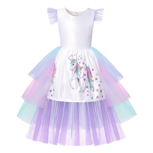 Girls Dress with Long Tail + Wings Wig Hairband Baby Girl Princess Birthday Party Ball Gown Kids Horse Clothes