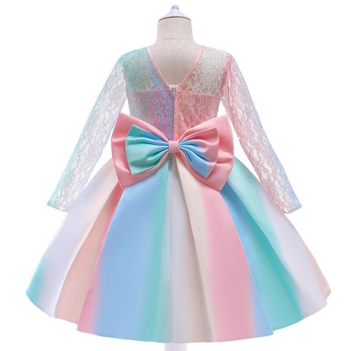 2021 New girls' lace long sleeve contrast color gradient pompous dress children's bow Princess Dress performance dress
