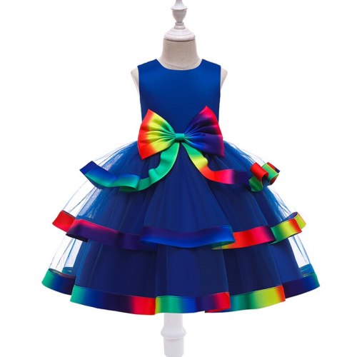 2021 New Design Rainbow Color Bow Princess Mesh Dresses Sleeveless Elegant Ball Gown Dress For 3 -10 Years Old Girls