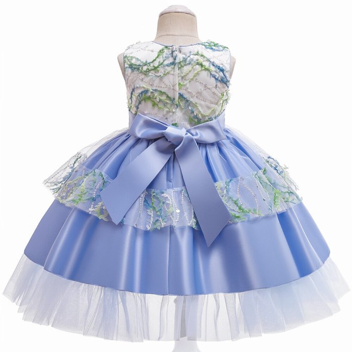 2021 Girl Embroidered Summer Wedding Dress Sequined Bow Gauze Princess Dresses Children Birthday Party Costume Children Clothing