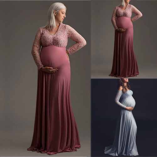 Maternity V-Neck Long Sleeve Tulle Gown With Tonal Delicate Sequins