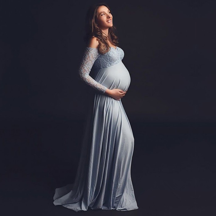 Maternity V-Neck Long Sleeve Tulle  Photoshoot Gowns  With Tonal Delicate Sequins