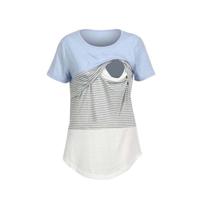 Women Stripe Tops Lady Fashion Three-color Stitching Short Sleeve Clothes Summer O-Neck T-Shirt