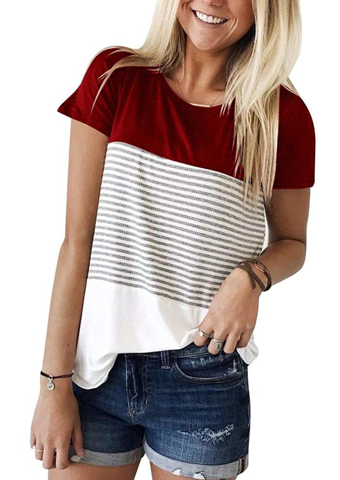 Women Stripe Tops Lady Fashion Three-color Stitching Short Sleeve Clothes Summer O-Neck T-Shirt