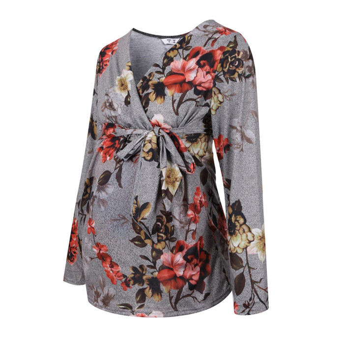 Autumn Maternity Tee Plus Size Women's Clothing V-neck Flowers Printing Long Sleeve Housewear Pregnant Casual Tops ropa premama