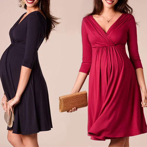Breastfeeding Dresses Maternity Clothes for Pregnant Women Clothing Solid V-Neck Pregnancy Dresses Mother Wear Evening Dress