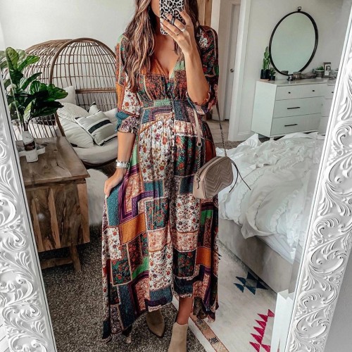 2021 Spring and Summer New Female European and American Bohemian V-neck Print Plus Size Sexy Dress Maternity Skirt
