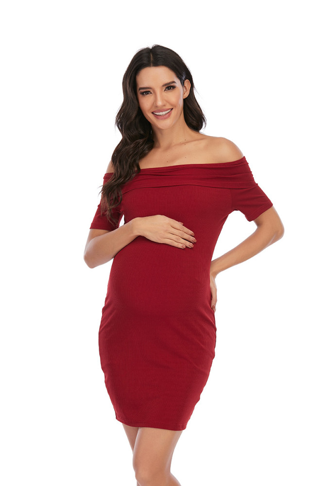Maternity Dress Solid Color off-Shoulder Short Sleeve Dress