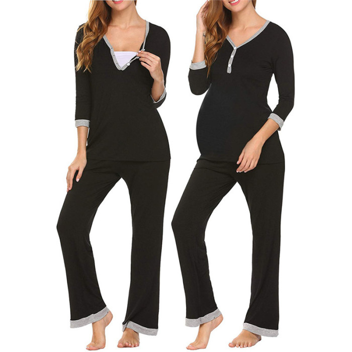 Maternity Nursing Pajamas Set Breastfeeding Nightgown 2021 Autumn Pregnant Women Nightwear Breastfeeding Sleepwear Tops+Pants