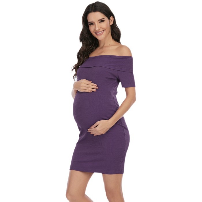 Maternity Dress Solid Color off-Shoulder Short Sleeve Dress