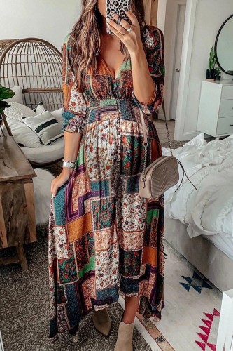 2021 Spring and Summer New Female European and American Bohemian V-neck Print Plus Size Sexy Dress Maternity Skirt