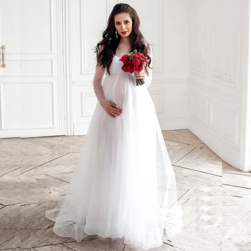Long sleeve Beaded mesh stitching pregnant women sexy loose floor mop long skirt 2022 pregnant women dress