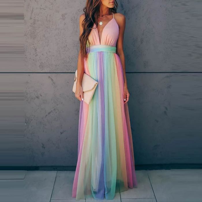 Women Summer sling Deep V-Neck Sexy Beach Party High Waist Boho Robe Femme Long Sundress