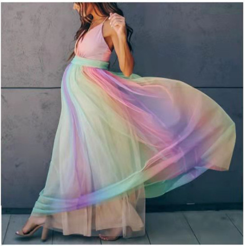 High Waist Sling Deep V-neck Rainbow Mesh Party Beach Maternity Dresses Streetwear