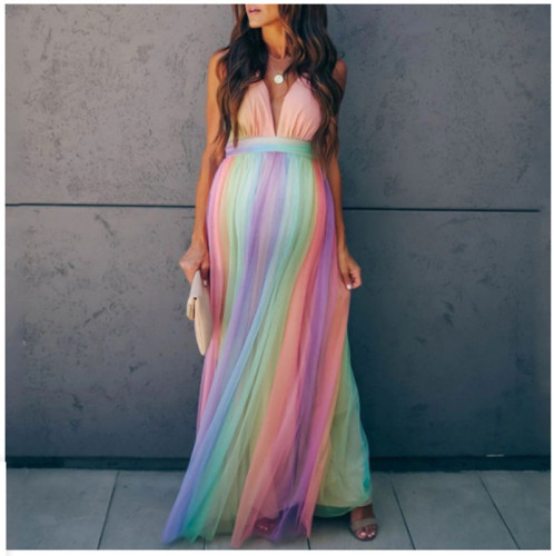 High Waist Sling Deep V-neck Rainbow Mesh Party Beach Maternity Dresses Streetwear
