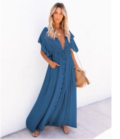 Women's Maternity Dress V-neck Short-sleeved Solid Color Ruffled Breastfeeding Dress