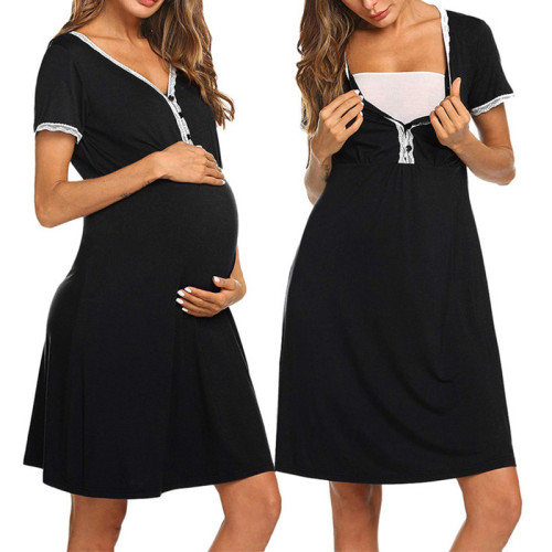 Women's Maternity Lace Short Sleeve Solid Dress Breastfeeding Nightshirts Clothes