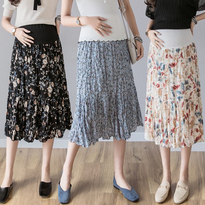 Floral Chiffon Pleated Maternity Skirts Adjustable Belly Skirts