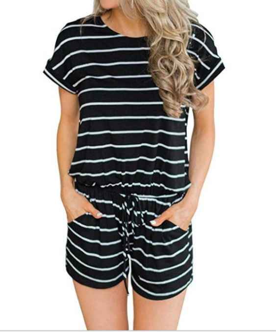 Maternity Open Shoulder Tie Striped Printing Jumpsuits Shorts