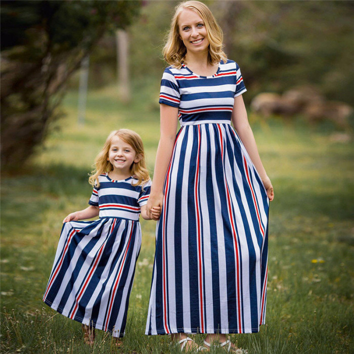 Dress Short Sleeve Blue White Stripe Patchwork Long Dress Mother and daughter clothes Family Dress