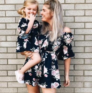 Matching Mother Daughter Clothes Summer Women Kids Girls Short Sleeve Dress Family Outfits