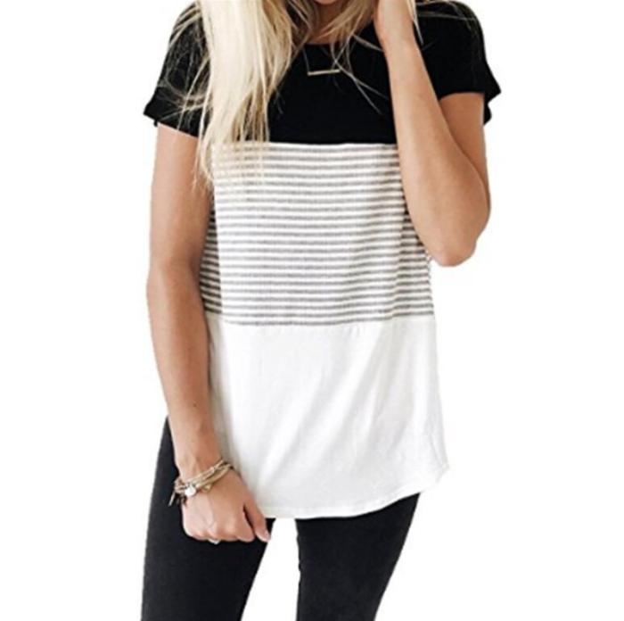 Black White Horizontal Stripe Shirt Street Fashion Women Short Sleeve Shirt Casual Wear Pullover Shirt