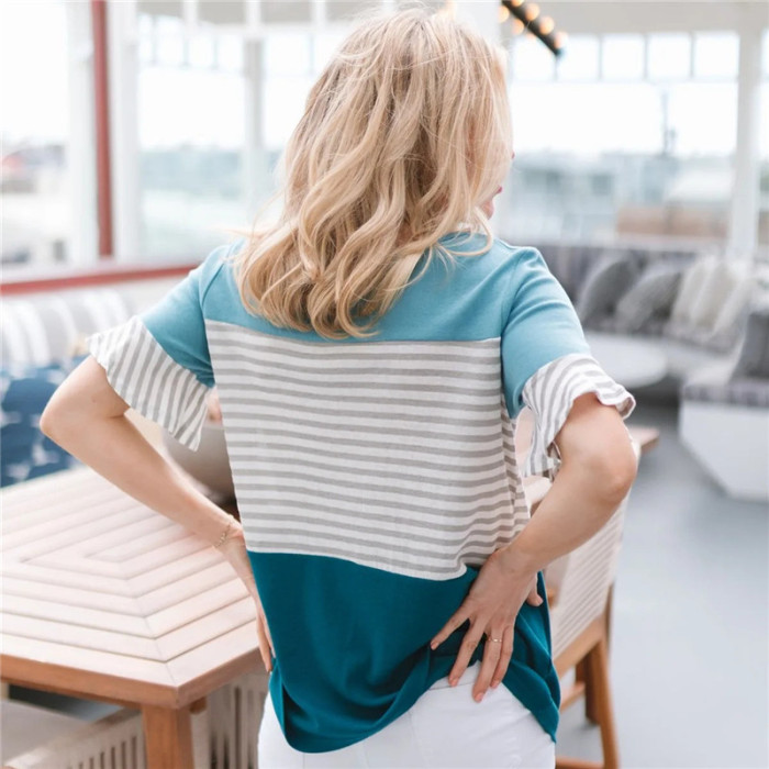 Maternity Striped Blouses Breastfeeding Tees Top Short Sleeve Nursing T-shirt