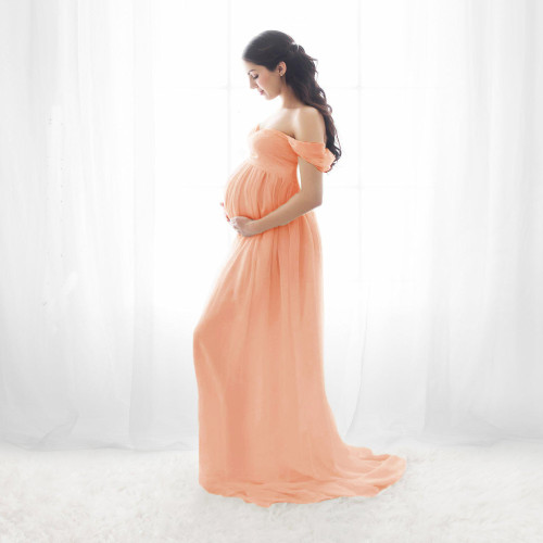Maternity Off Shoulder Chiffon Gown Photography Lace Split Front Maxi Dress