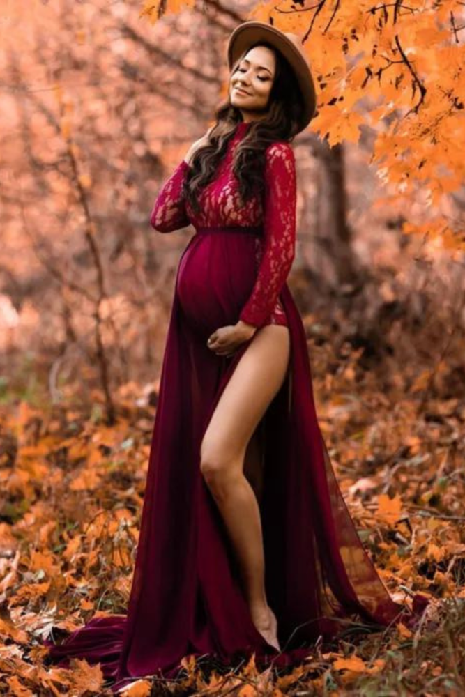 Stretchy Lace Bodysuit Maternity Dress For Photo Shooting Pregnancy Photography Props Bodysuits Sides Slit Dress