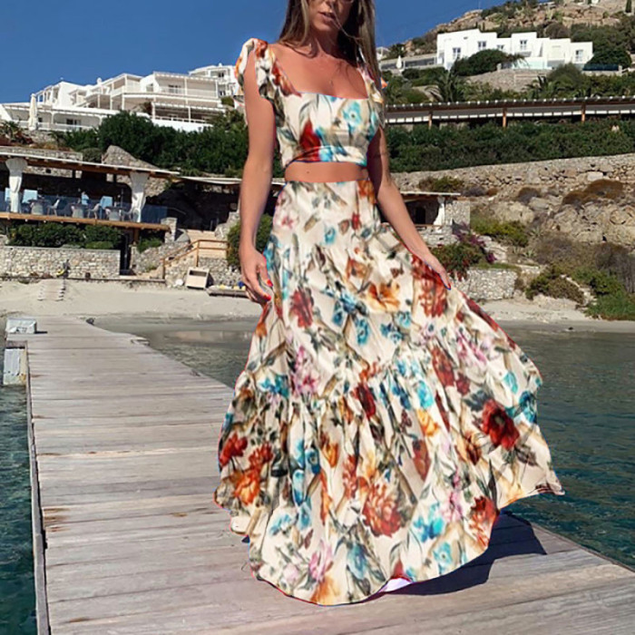 Set Women Ruffle Resort  High Waist Loose Dresses Holiday Beach Dress Suit Elegant