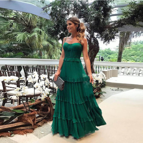 Women's Sexy Sleeveless Ruffled Green Sling Wedding Guest Dresses