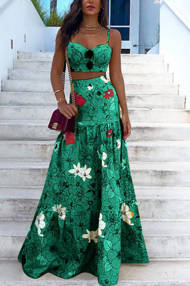 Women's New Floral Print Two Piece Full Wedding Guest Dress