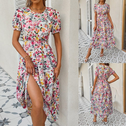 Floral Print Dress  O-neck High Waist Zip A-line Long  Maxi Dresses